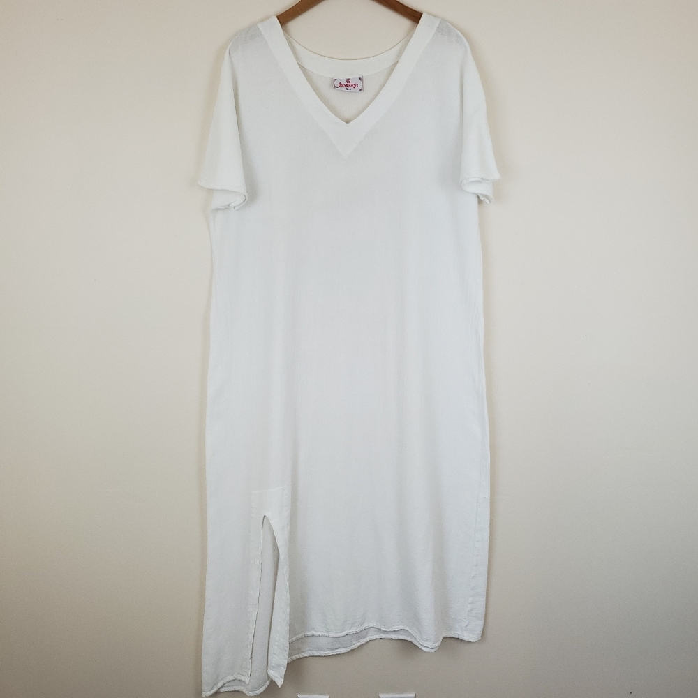 Cottonways Asymmetrical Hem Gauzy Cotton V-neck Dress - White
